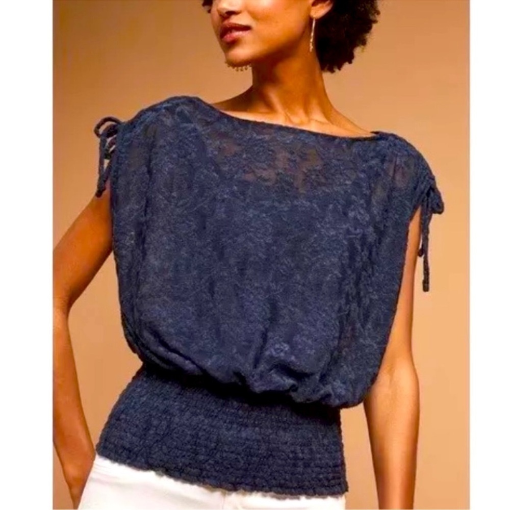 NWT Anthropologie Deletta Navy Blue Loretta Knit Lace Mesh Sheer Banded Hem Top - Picture 10 of 10